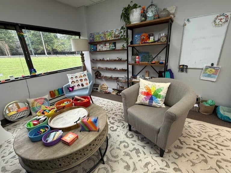 Welcoming safe child and family therapy office with toys and games